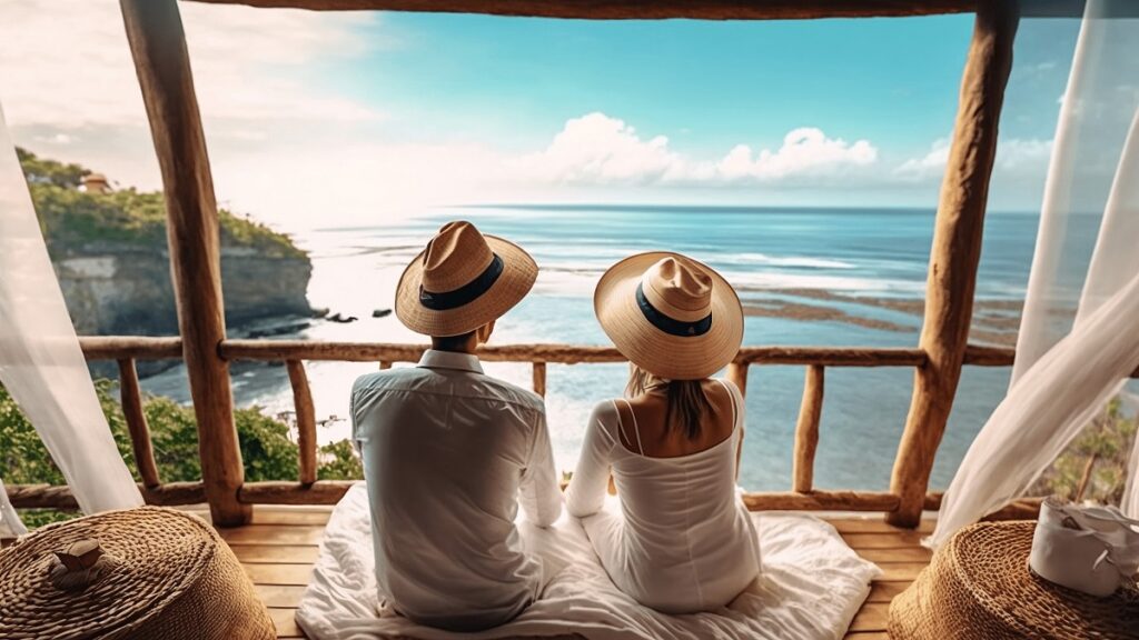 Couple with straw hats chilling enjoying beautiful Philippines