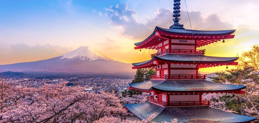 Fujiyoshida, Japan Beautiful view of mountain Fuji and Chureito